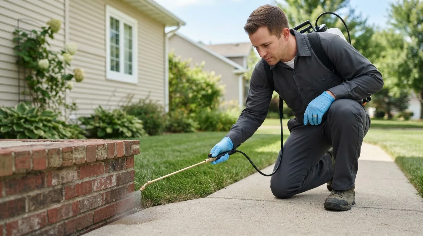 Pest control technician treating a home near Griswold, IA